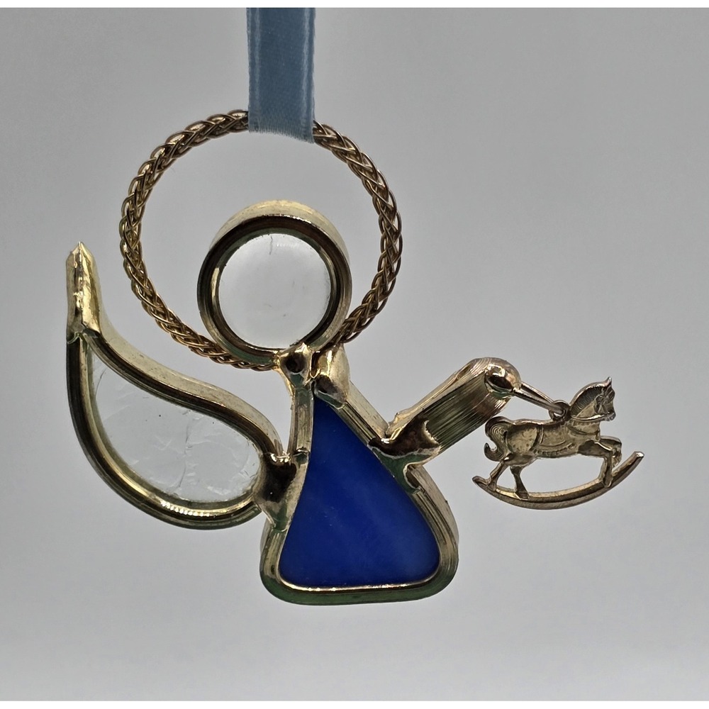 Vintage Christmas Ornament Stained Glass Angel Sun Catcher Blue Rocking Horse - Picture 2 of 7